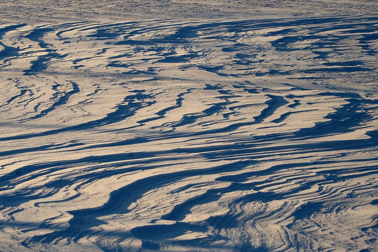 Vom Wind geformte Schneewehen auf einem Feld bei Wesselburen in Dithmarschen